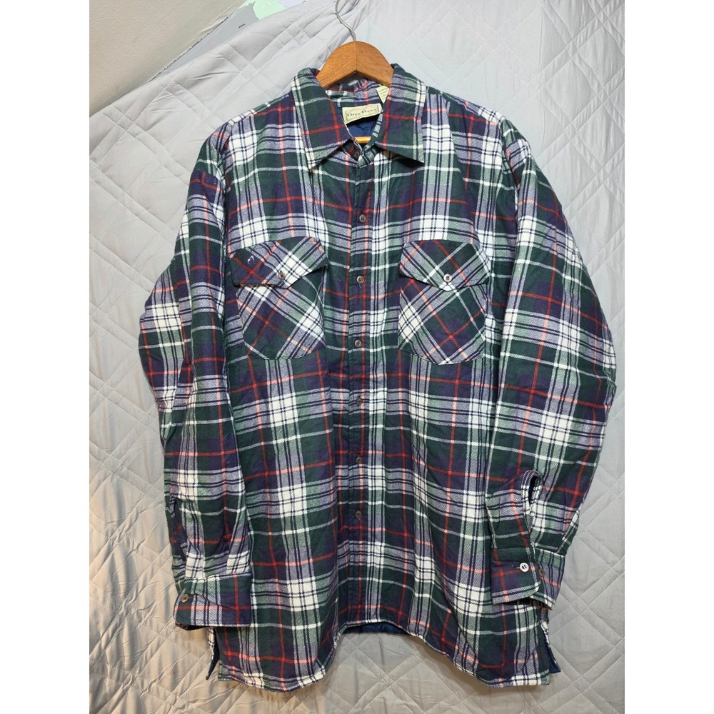 Open Trails Mens XL Quilted Flannel Shirt Jacket Green Plaid Heavy Workwear